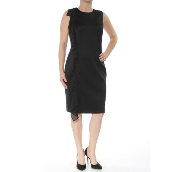 NWT Calvin Klein Black Full Side Ruffle Trim Sleeveless Sheath Dress, size 10 - Picture 1 of 12